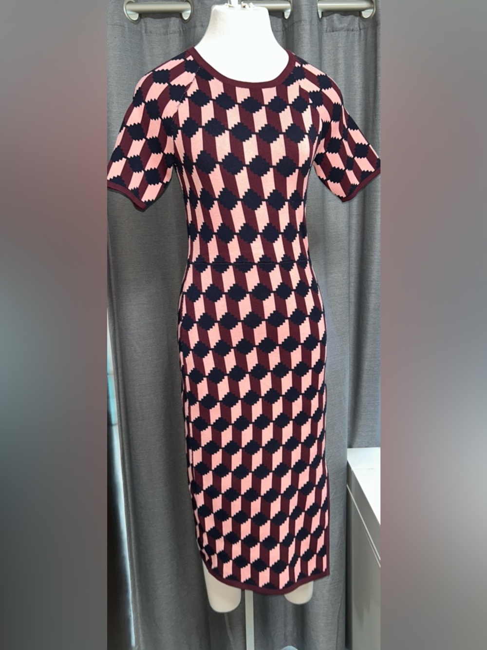 NWT ANN TAYLOR Geo Jacquard Burgundy Pink Navy dress size XS [🟡-5]